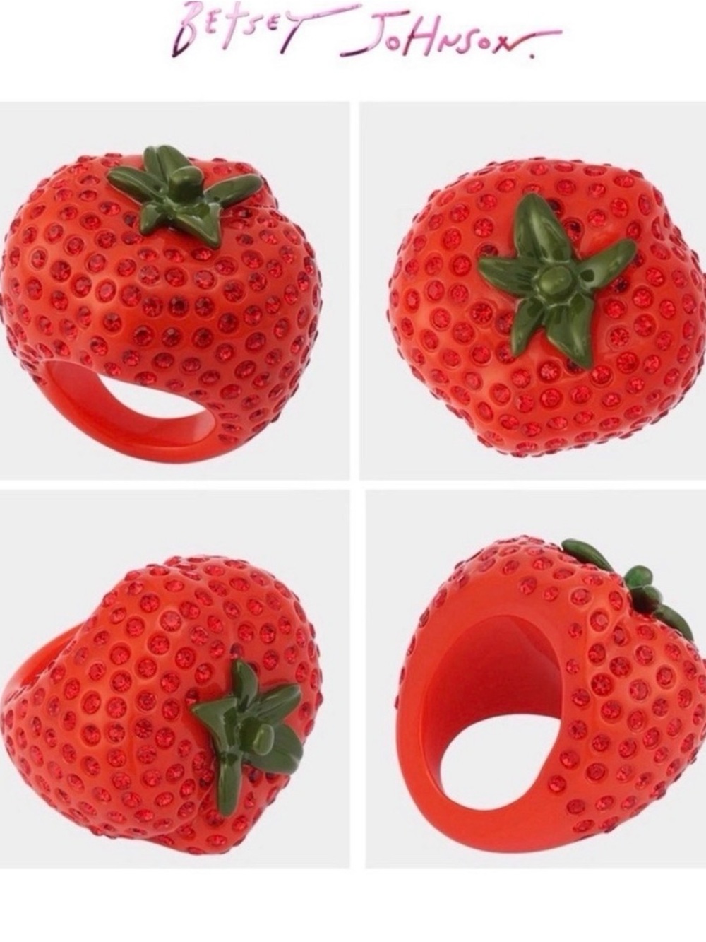 New Betsey Johnson Red Strawberry Ring with Green Leaf Accent